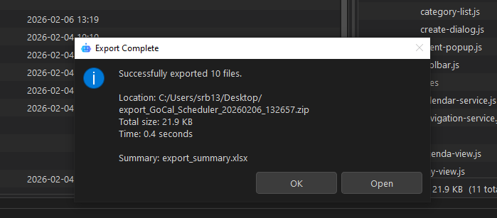 Completed export with files selected and output ready