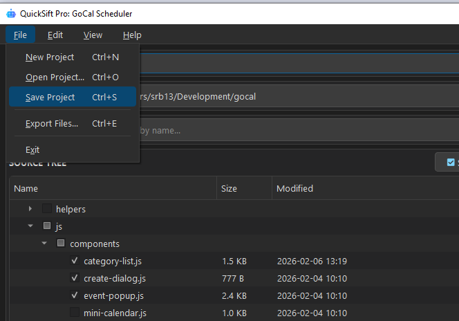 Project bar with menu open