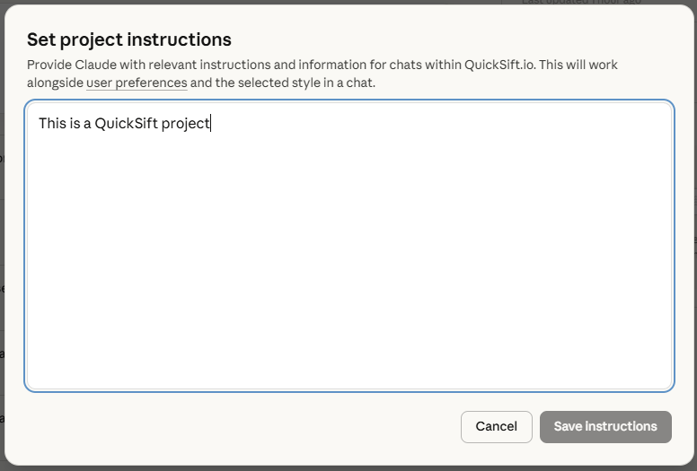 Claude Project settings with custom instructions set